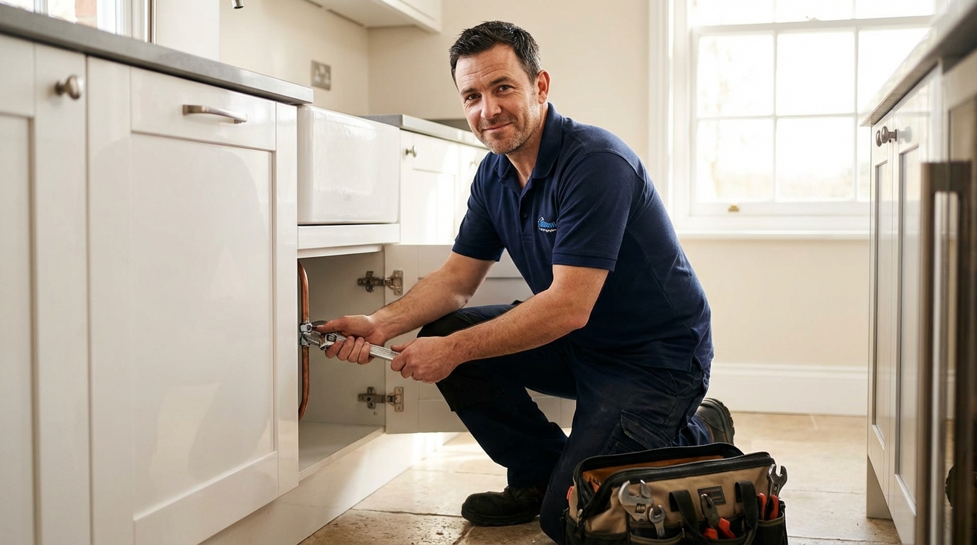 Professional plumber repairing kitchen pipework in a modern British home